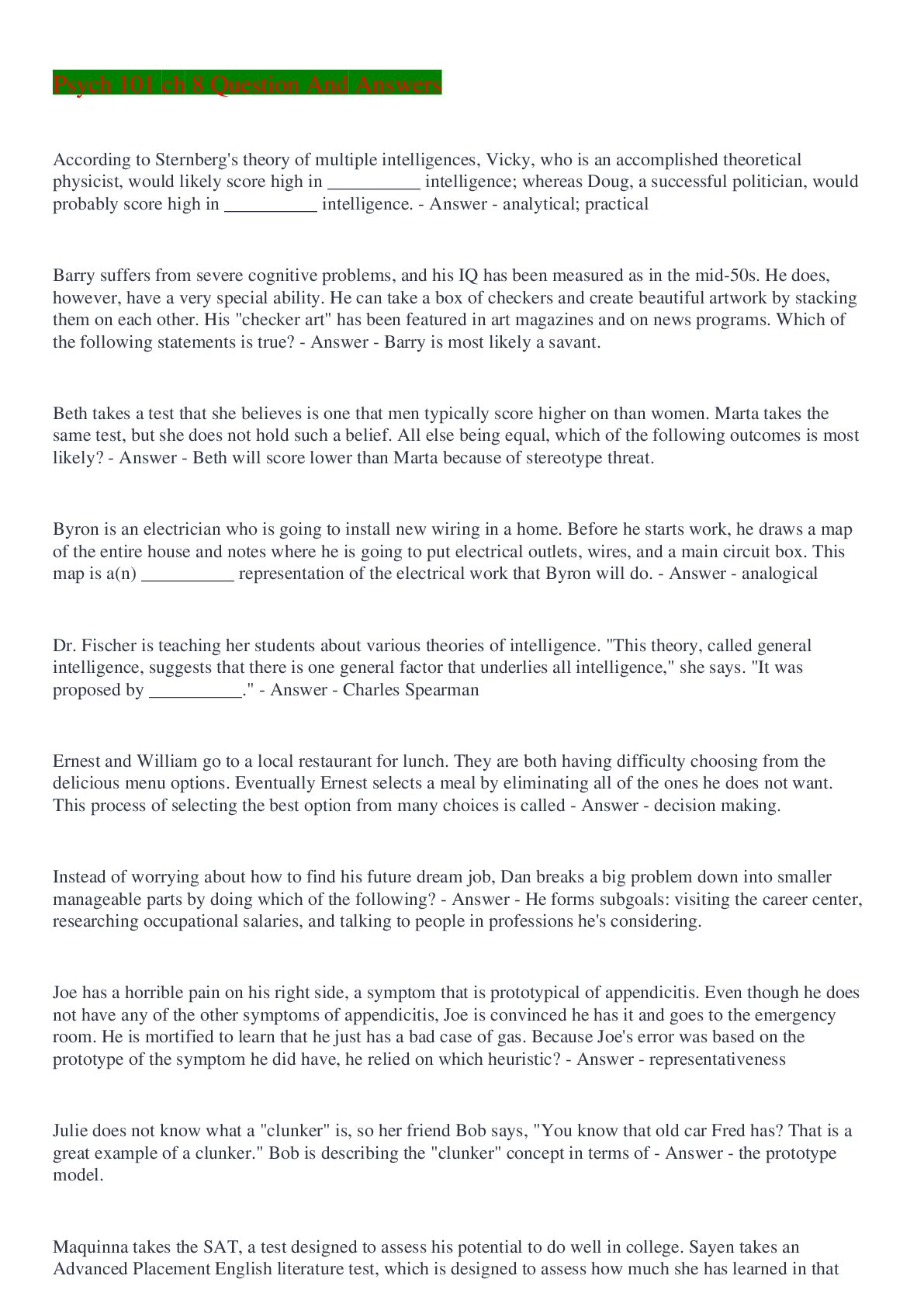 Preview of Psych 101 ch 8 Question And Answers  2022/2023